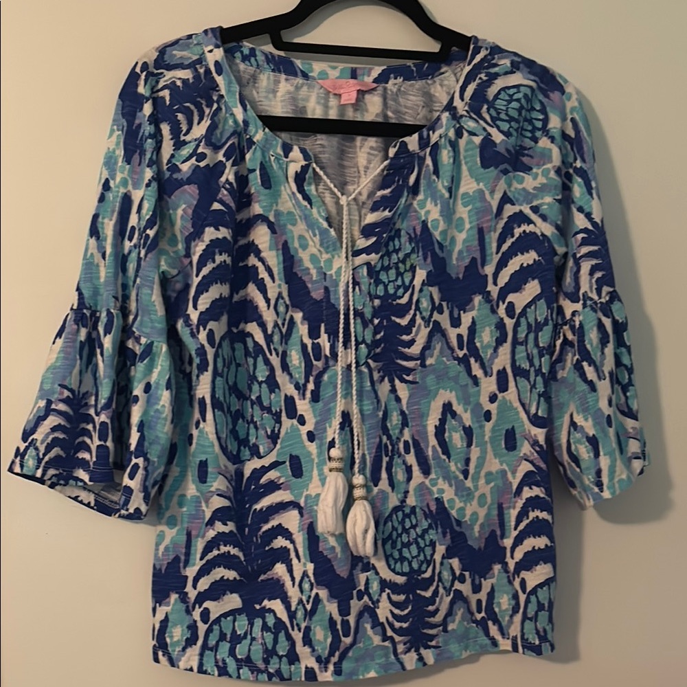 Lilly Pulitzer Blue Green 3/4 Sleeve Tie Front Blouse